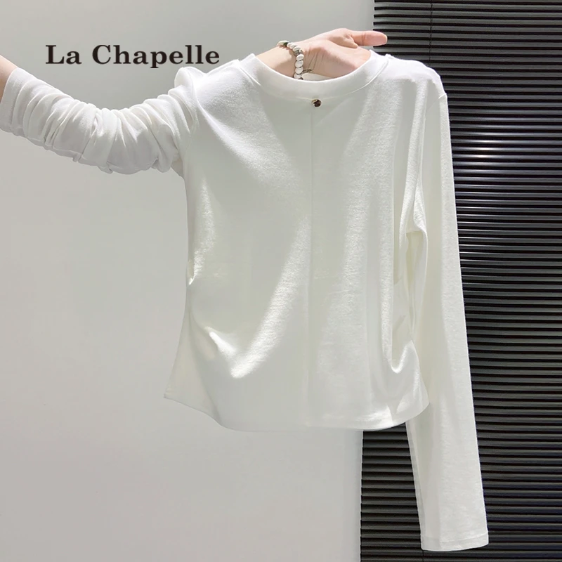 拉夏贝尔白色独特别致长袖修身显瘦内搭T恤上衣女早秋新款打底衫