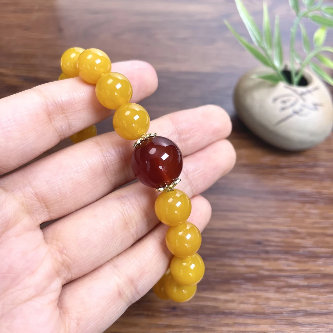 【黄玛瑙单圈手串】天然黄玛瑙单圈手串10mm左右大气