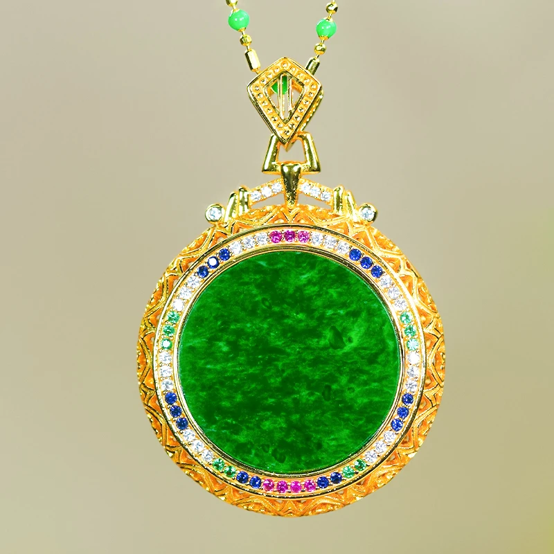 新中式宫廷风镂空设计感银镶嵌天然辣绿翡翠A货圆牌吊坠项链