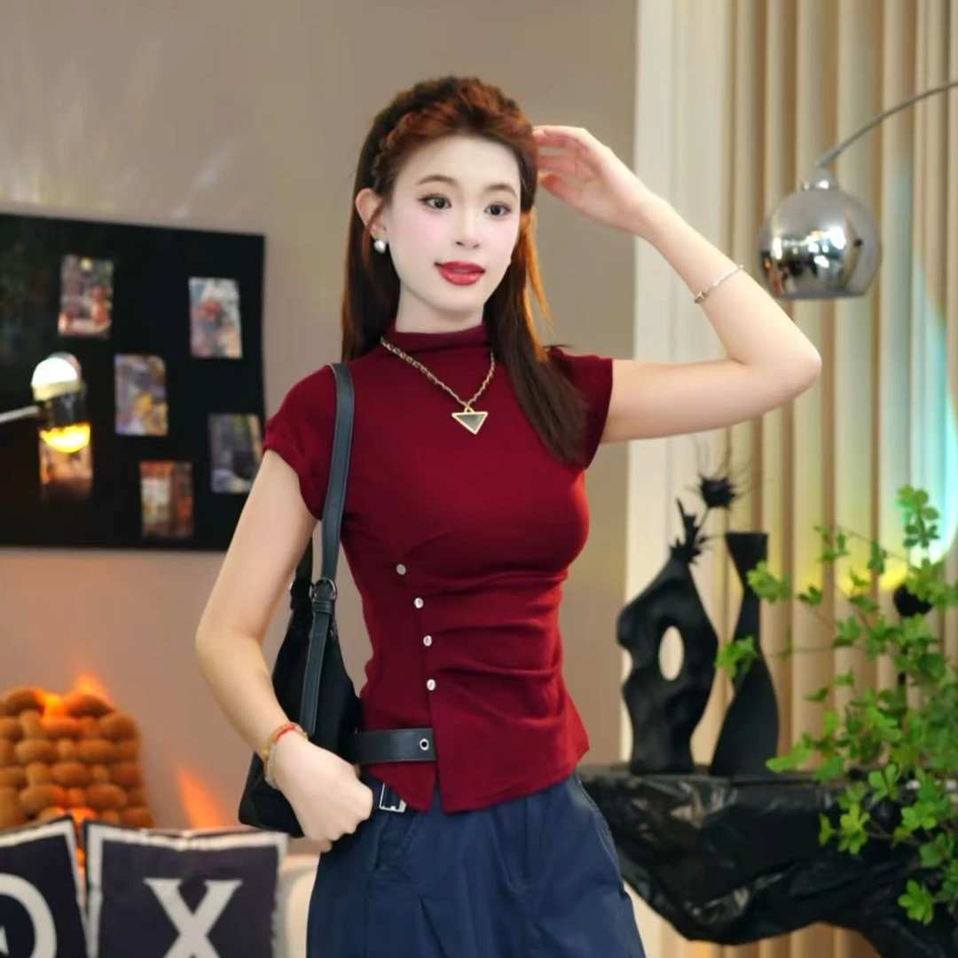 2025新款半高领显瘦气质不规则褶皱侧开扣修身轻熟风修身短袖T恤