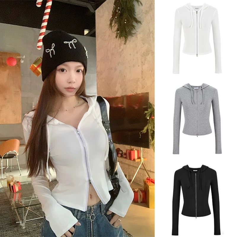 MosesQueen/魔西女王双拉链连帽掐腰短款开衫运动风休闲长袖上衣