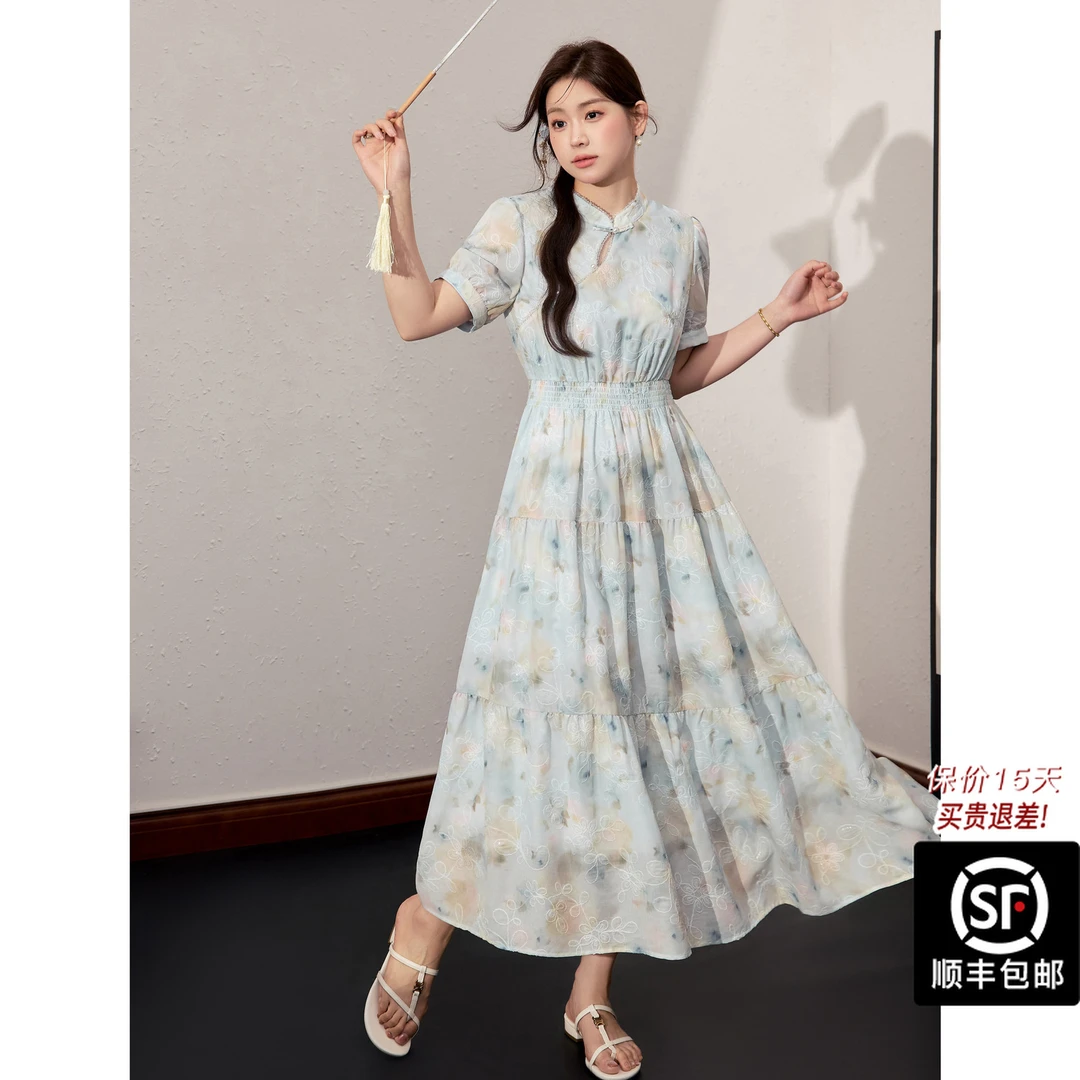 蓝语大码女装胖mm新中式印花改良旗袍夏季新款收腰遮肉仙气连衣裙