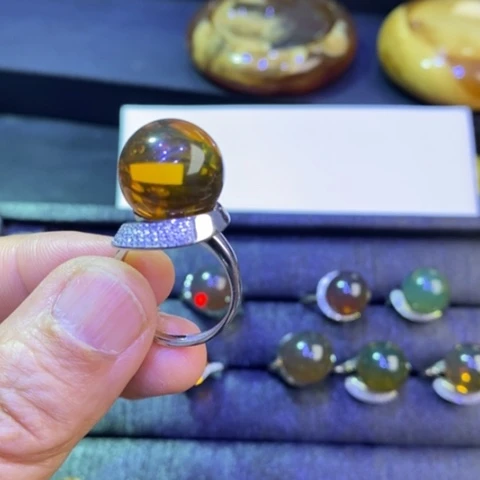 琥珀戒指银S925镶嵌冷*缅甸琥珀戒指