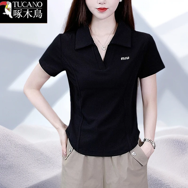 啄木鸟新款夏季短袖T恤2025年爆款气质POLO领刺绣简约通勤上衣女