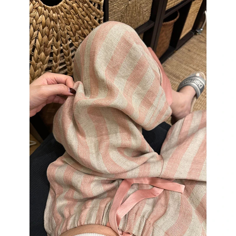洋气条纹休闲慵懒高腰睡裤女夏季棉麻爆款亲肤遛弯宽松长裤可外穿