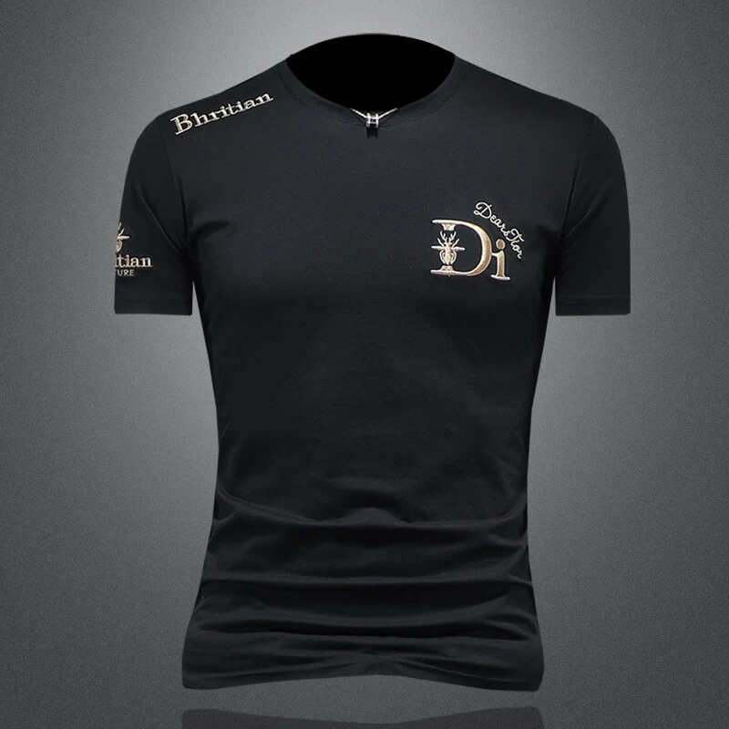 肯梅灵列丝光棉刺绣短袖男士圆领半袖修身潮流夏季新款弹力T恤
