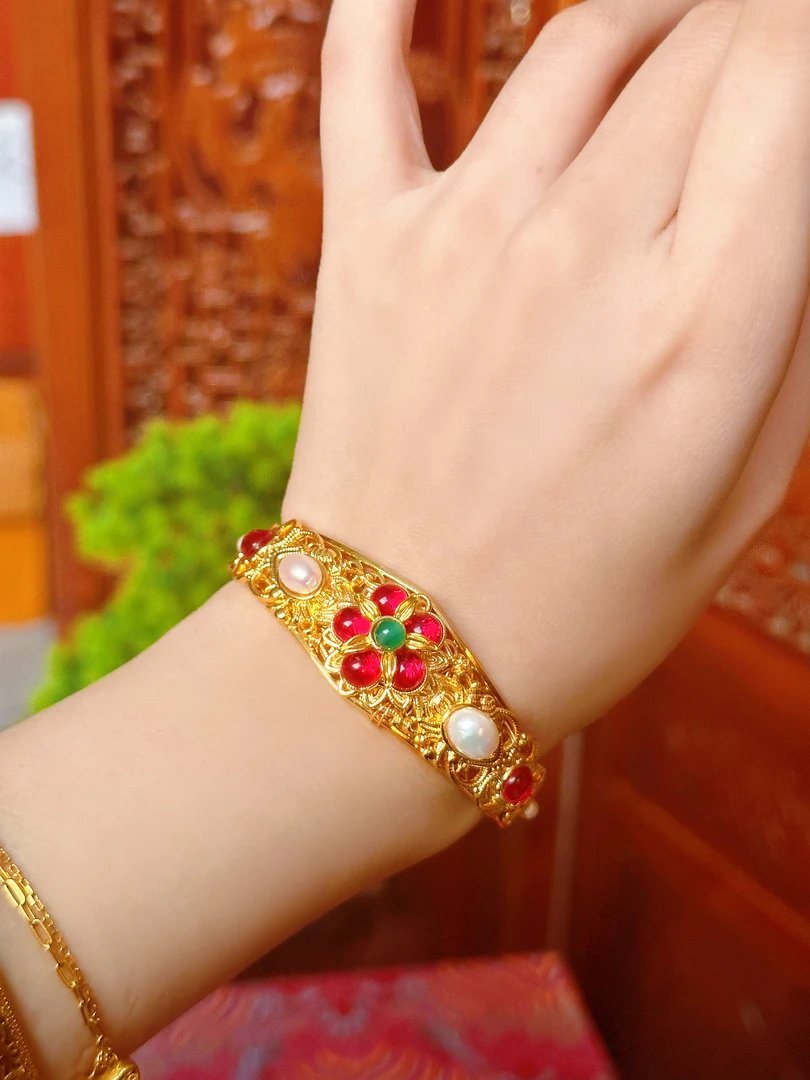 铜合金手镯 华翊堂原创汉服配饰新中式宝石花錾刻手镯