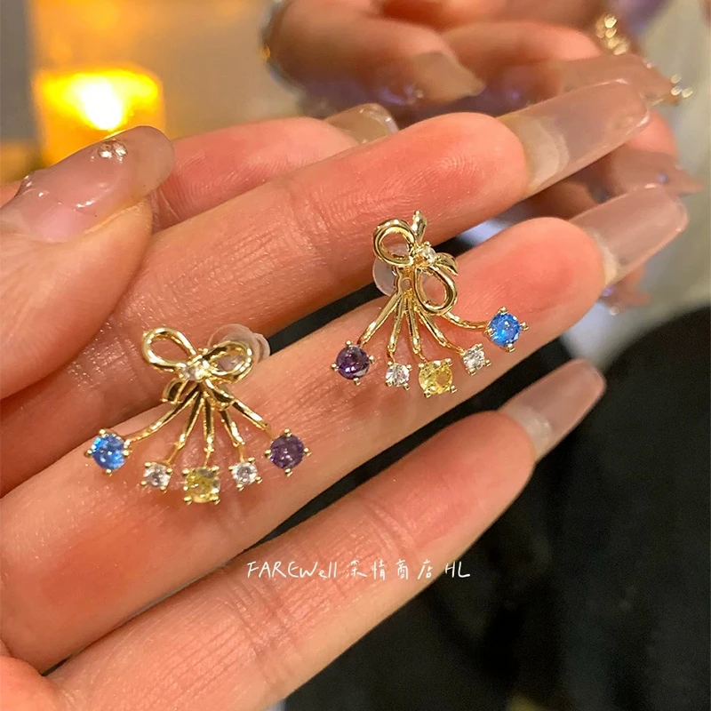 铜合金合成锆石戒指 夏季多巴胺彩色蝴蝶结耳钉女925银针耳环金