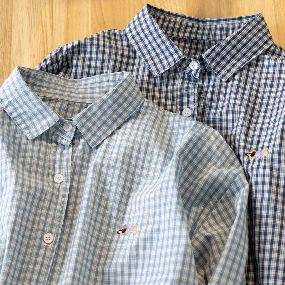 小狗刺绣格子长袖衬衫2025春秋新款韩系小清新文艺范休闲百搭上衣