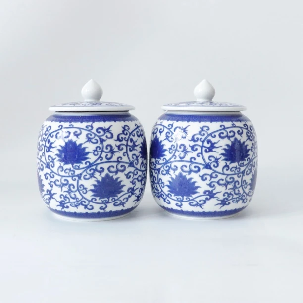 琢朴堂-莲花缠枝纹青花茶叶罐密封罐储物罐a309