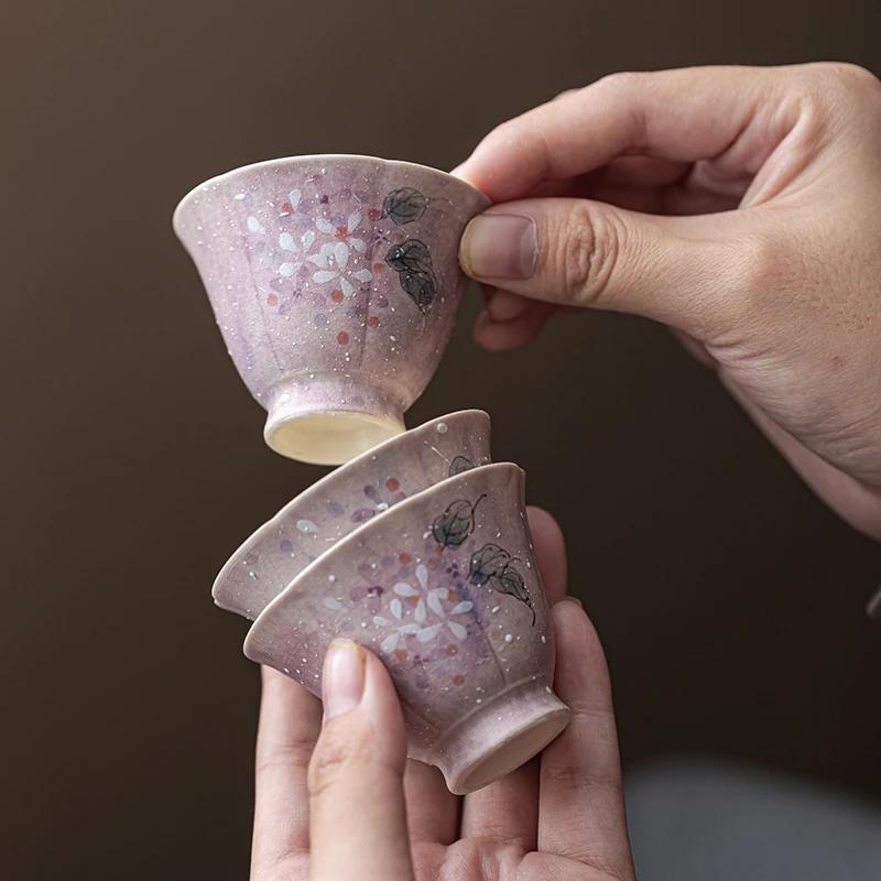 手绘绣球花陶瓷茶杯高颜值主人杯紫色杯子女士专用品茗杯功夫茶杯