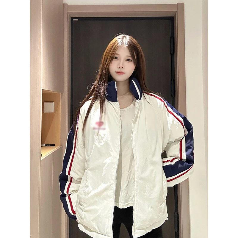 学院风美式复古撞色拼接条纹字母棉服外套女冬季新款加厚保暖棉衣