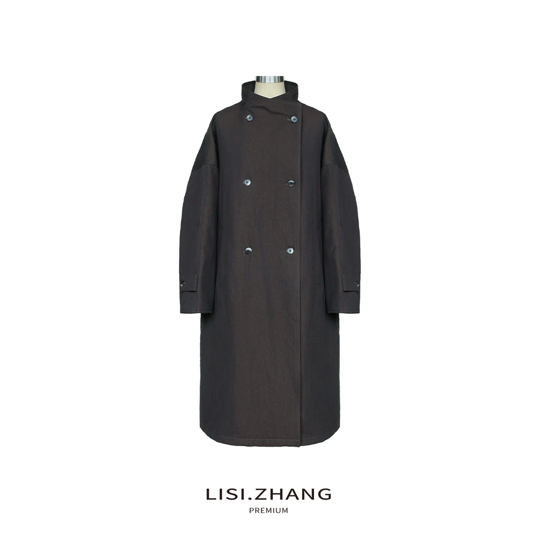 LISI.ZHANG--【双排扣羽绒服】复古立领宽松直筒风衣型长款羽绒外套