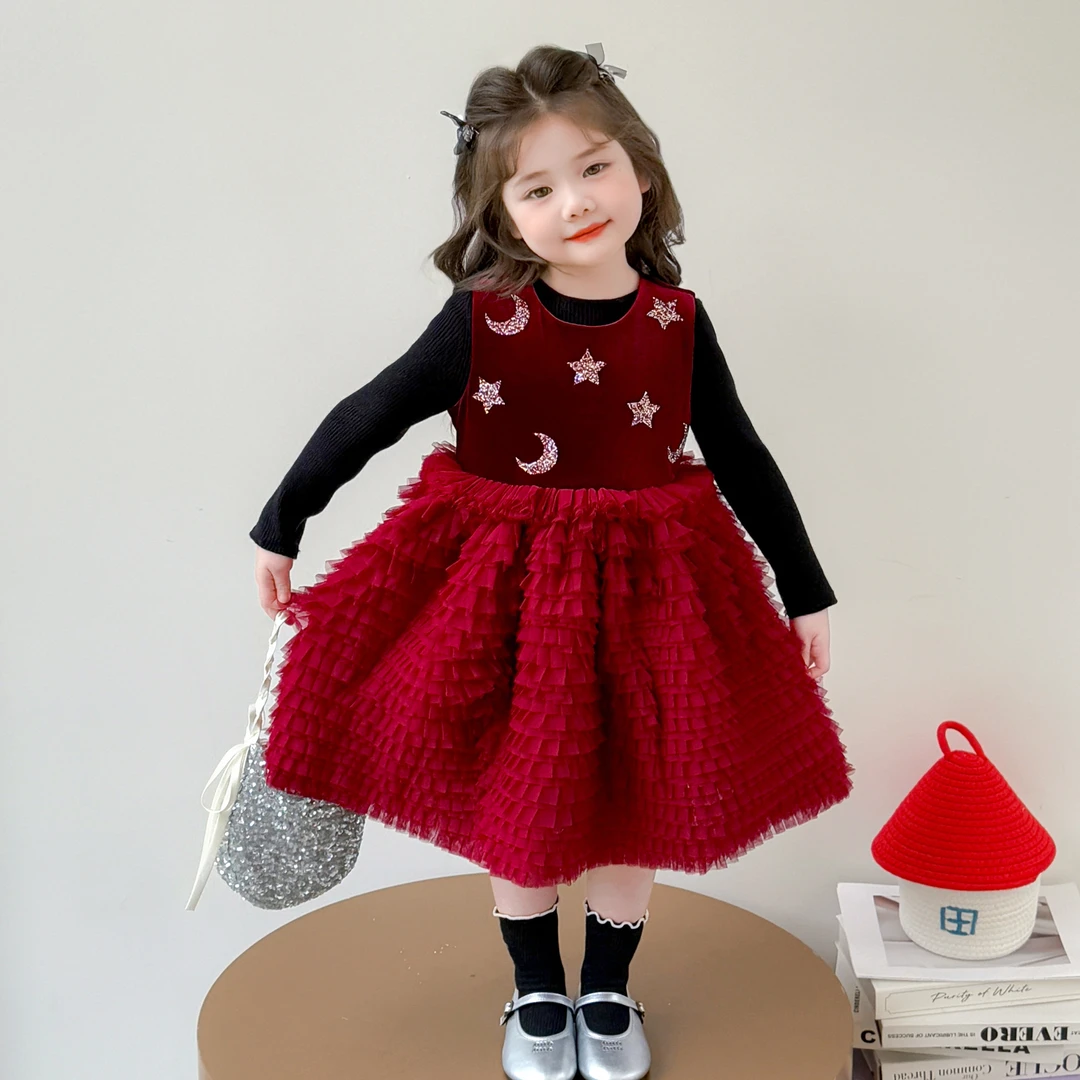 女童连衣裙秋装2025新款儿童红色背心裙套装女孩秋冬毛衣公主裙子