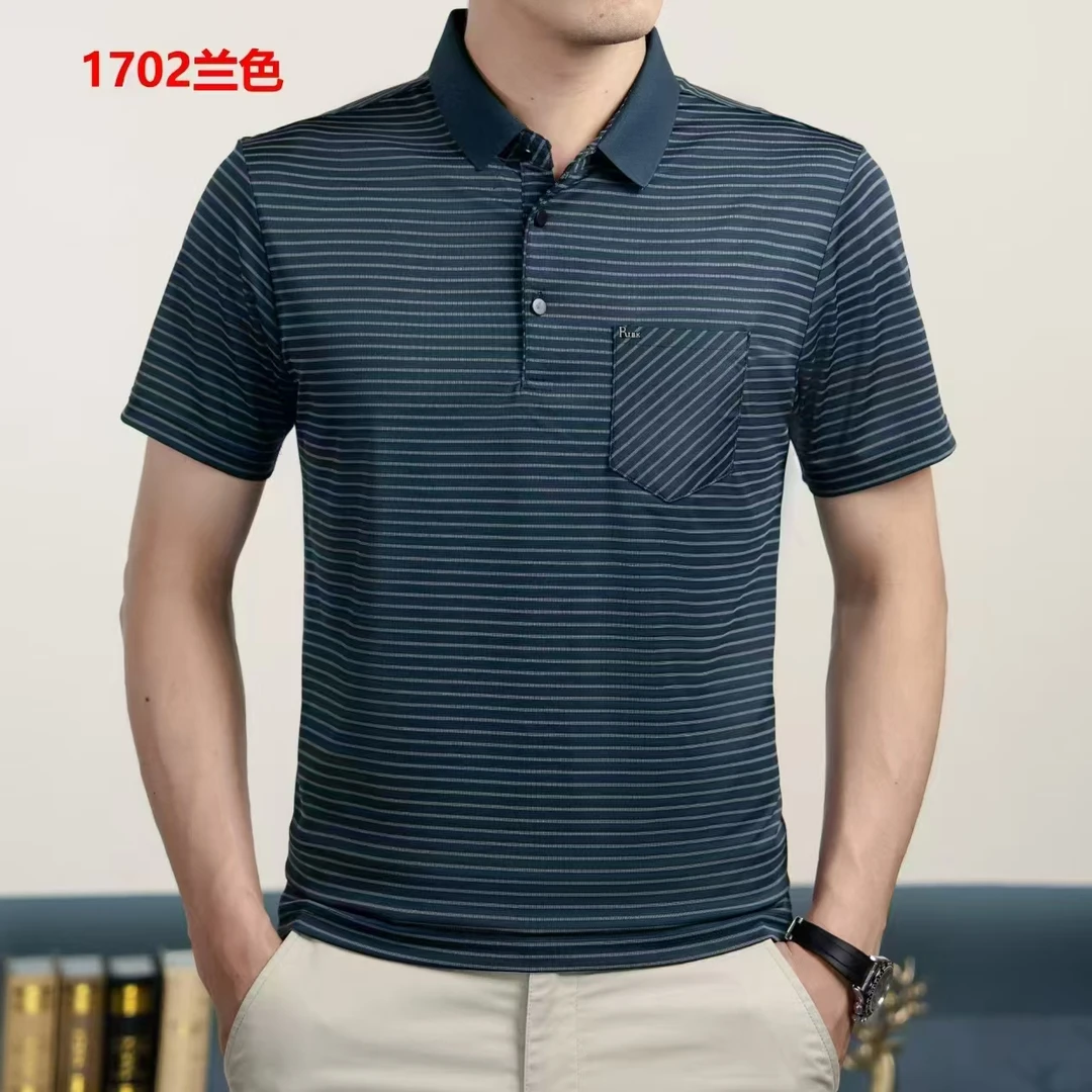 1701翻领夏季透气标准短袖上衣时尚徽章薄棉Polo衫百搭t恤条纹