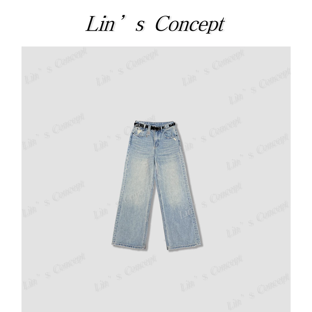 【Lin's concept】极简设计师款水洗猫须破坏牛仔裤 DL2404727