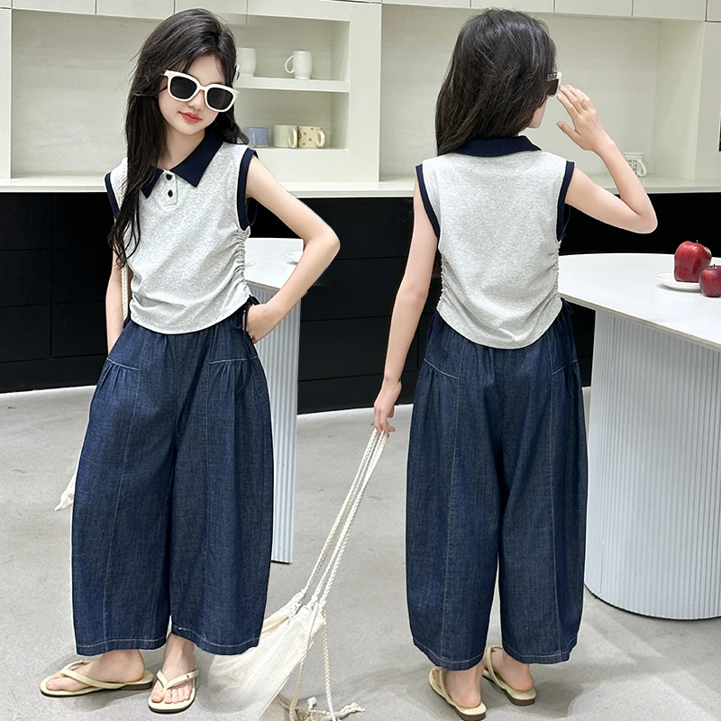 女童夏季套装2025新款儿童薄款中大童polo无袖上衣八分牛仔阔腿裤