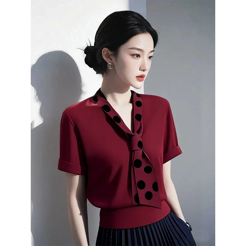 轻熟气质设计感红色短袖T恤2025年女装春夏新款高级感系带上衣