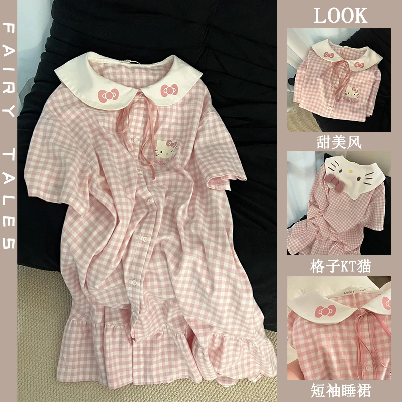 卡通睡裙女夏季新款甜美风可爱格子KT猫印花韩版宽松学生短袖裙子