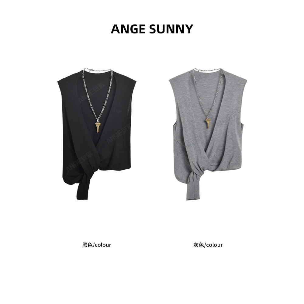 ANGE SUNNY【a*w钥匙链条背心】V领系带无袖独特设计时尚背心休闲