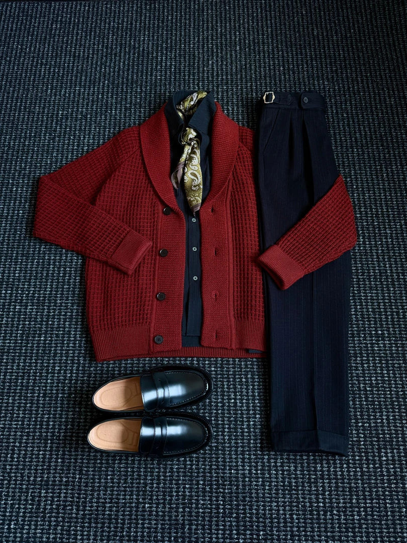 THON BERRY男士秋冬休闲衬衫青果领针织开衫休闲长裤时尚舒适套装