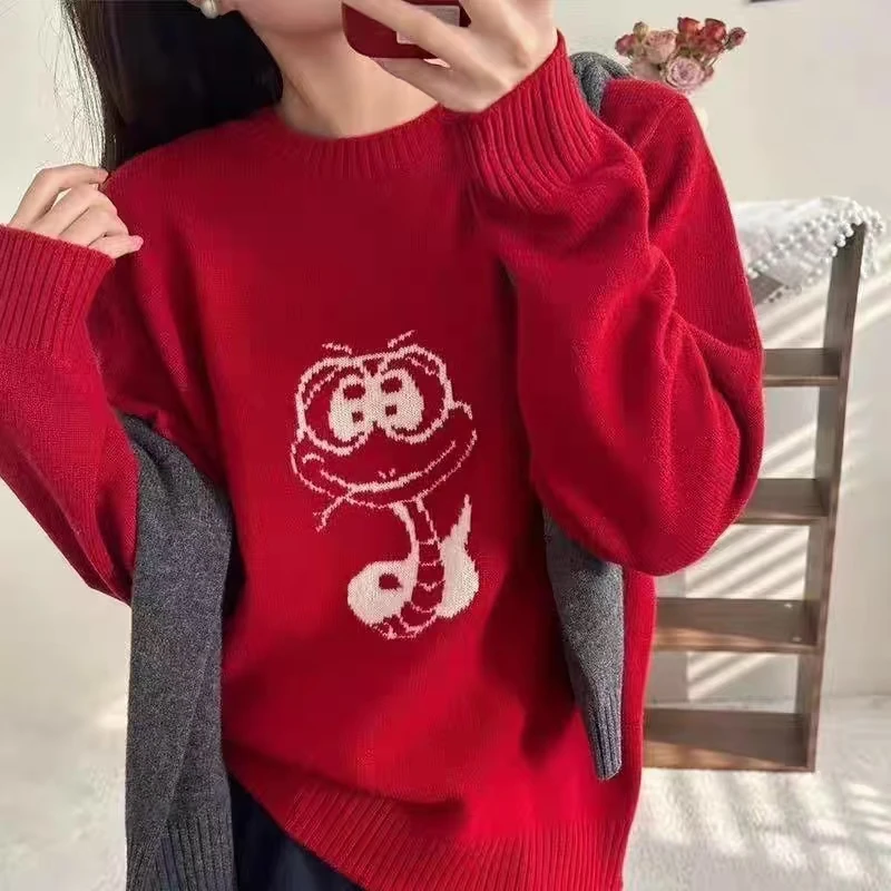 羊毛衫女100%纯羊毛高品质新年款小龙圆领套头羊毛衫女休闲