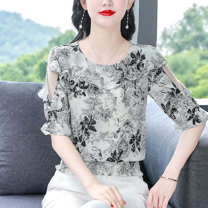 水墨印花短袖雪纺衫女士夏装新款荷叶边减龄小衫气质显瘦短款上衣