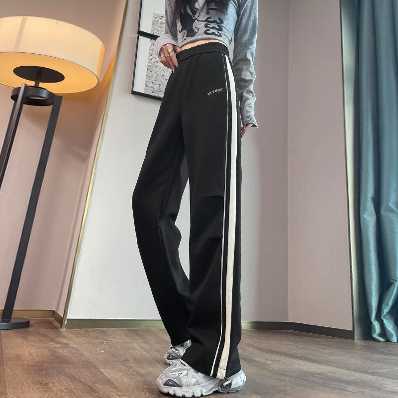 黑色运动裤女卫裤春秋季2025新款高腰美式直筒宽松阔腿休闲裤子
