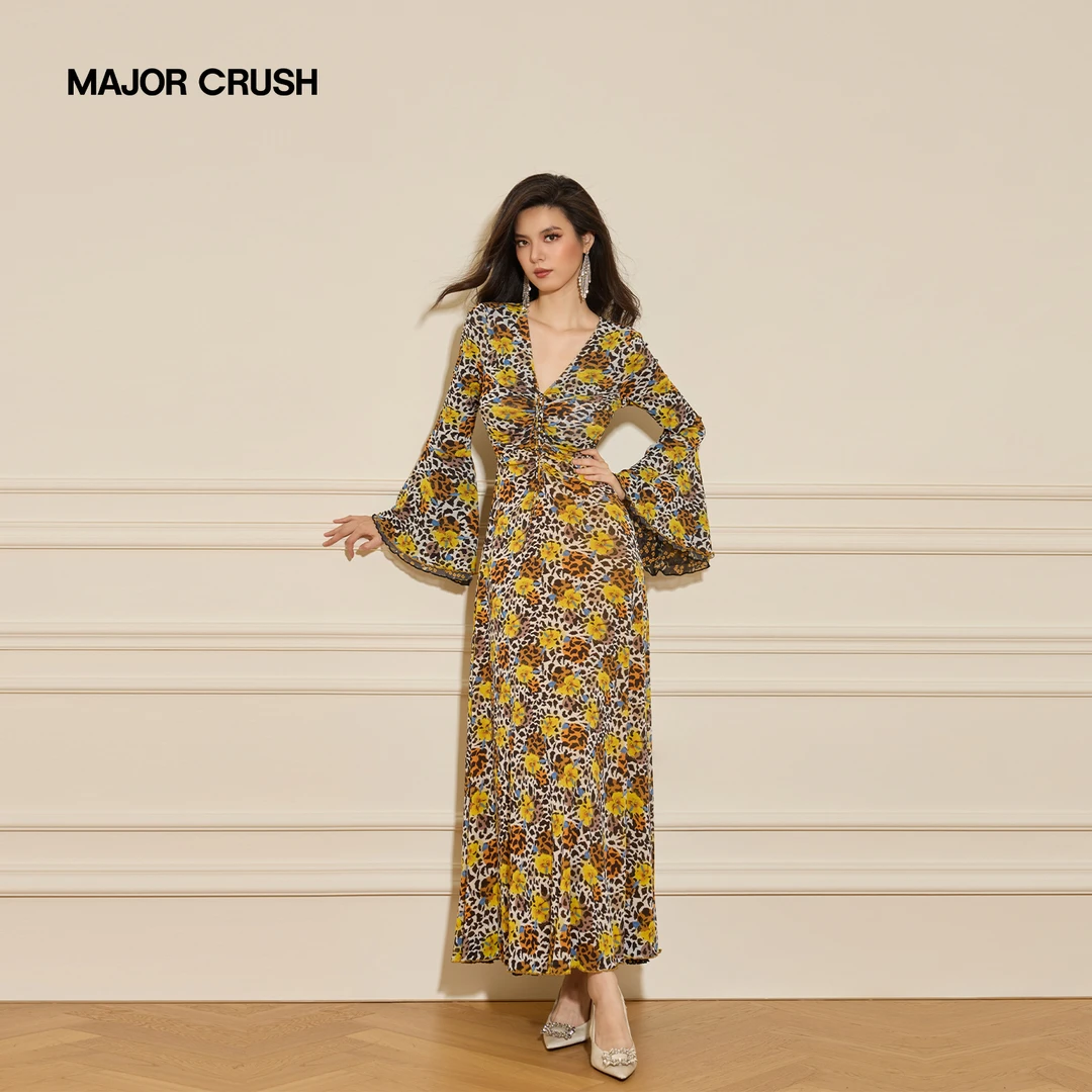 MAJOR CRUSH早秋花野暮橙喇叭袖连衣裙两面可穿设计感优雅7580