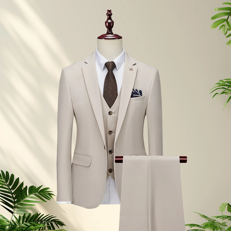 男士平驳领西装三件套商务休闲杏色一粒扣西服新郎结婚礼服伴郎服