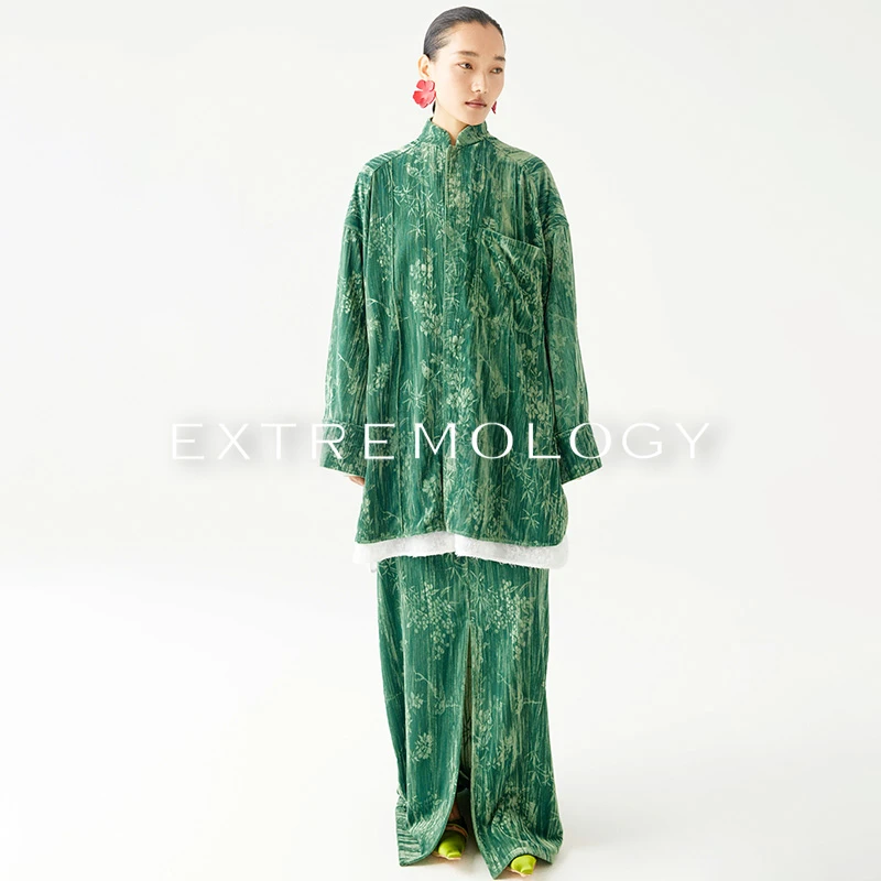 Extremology竹枝春鸟*丝绒烧花国风立领上衣