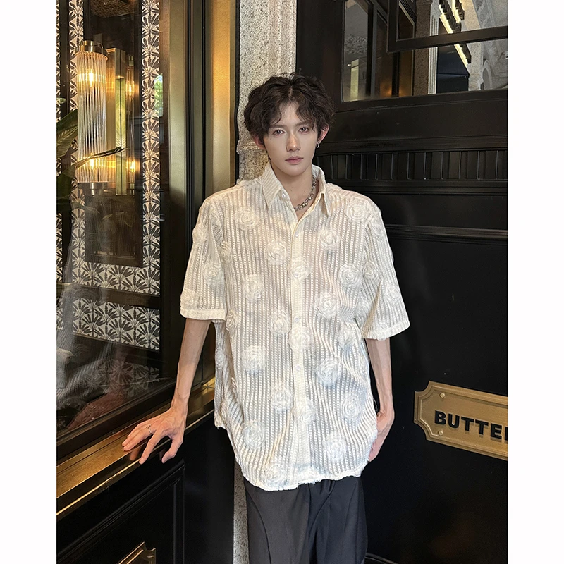 夏装法式白衬衫男短袖小众半透明立体玫瑰花衬衣韩版半袖发型师潮