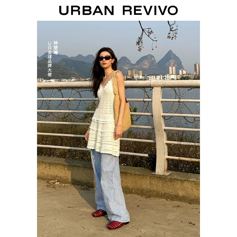 【钟楚曦同款】UR2025春季新款女装条纹拼接腰头阔腿裤UYL650020