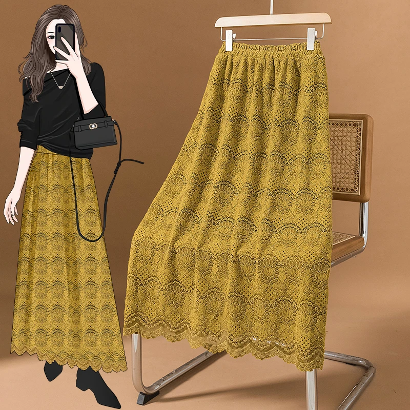 韩版名媛文艺气质高级镂空勾花蕾丝显瘦包臀姜黄色松紧腰半身裙女