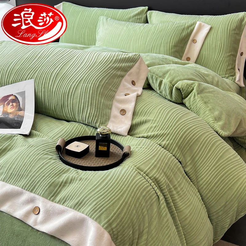 浪莎冬季牛奶绒床上四件套加厚保暖珊瑚绒法兰绒床单被套加绒床笠