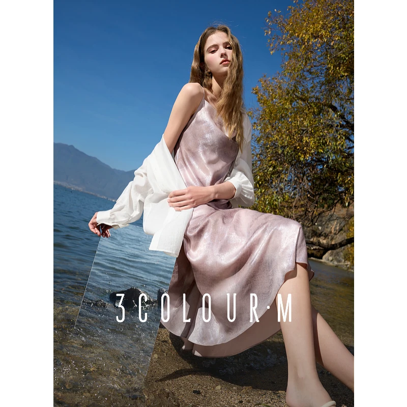 三彩2025春季新款优雅荡领吊带裙晕染印花粉色连衣裙无袖长裙女M