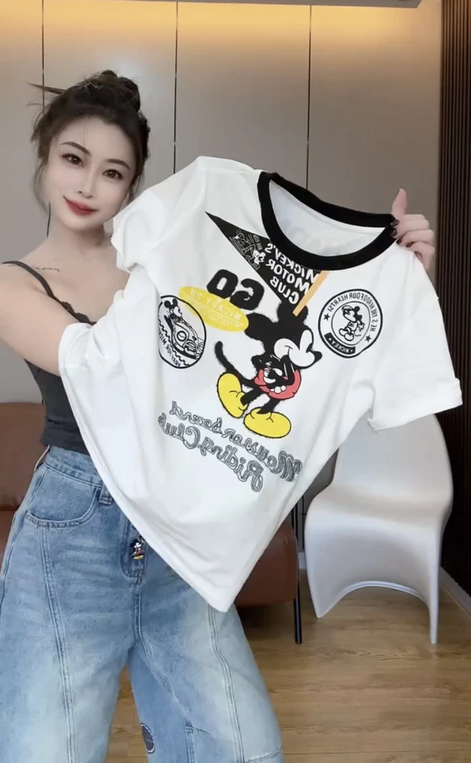 2025夏季新款拼接短袖t恤女时尚洋气百搭上衣印花字母设计感