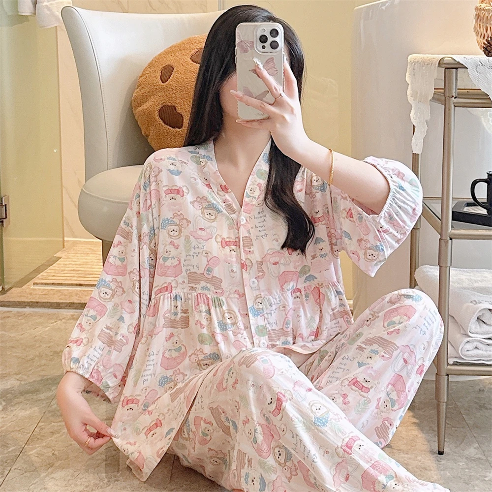新款睡衣女棉绸开衫长裤套装春夏季宽松大码可外穿甜美卡通家居服