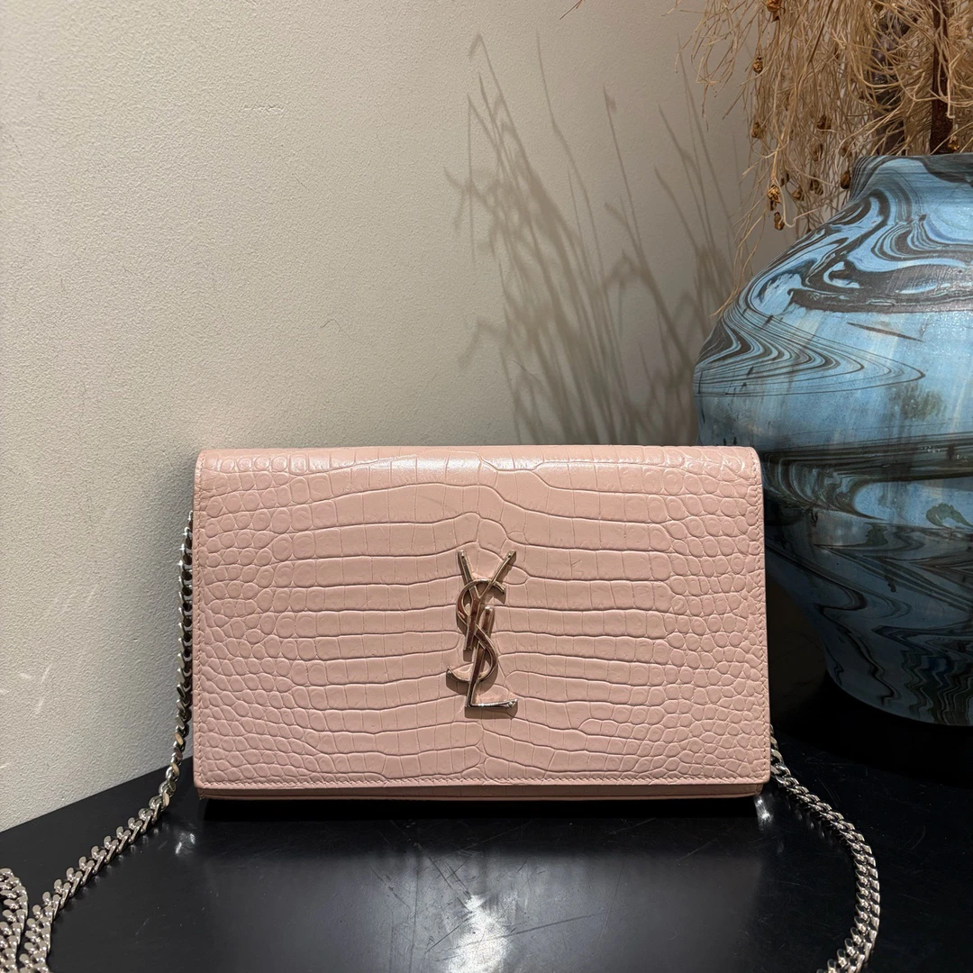95新 YSL/圣罗兰 kate中号粉银鳄鱼压纹牛皮链条包18923187