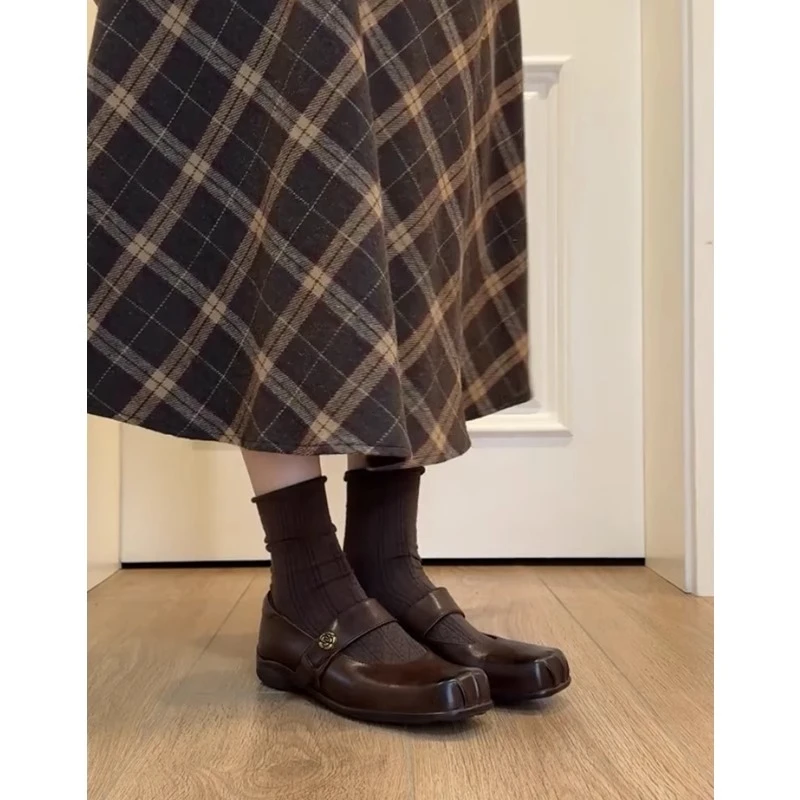 牛皮版~时尚复古山茶花一字带玛丽珍小皮鞋女春秋新款芭蕾舞单鞋