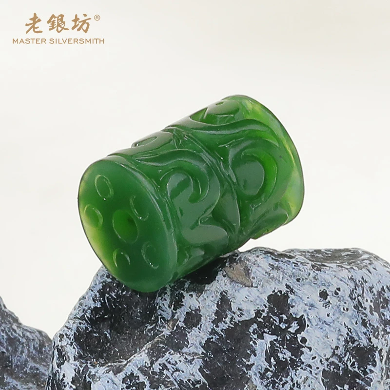 【老银坊】和田玉卷草纹桶珠吊坠 0089666