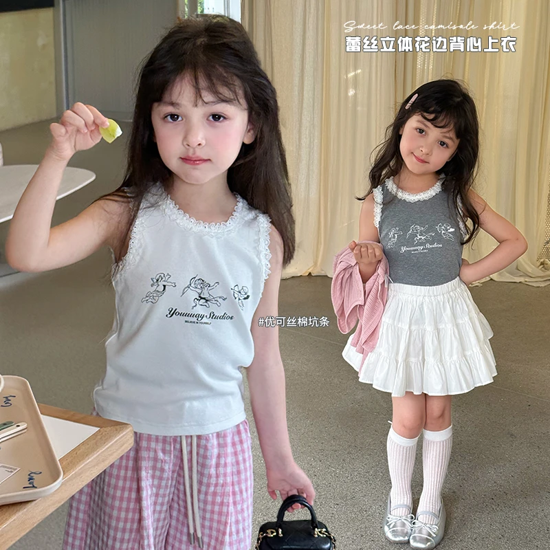 奶油家【浪姐】女童夏季新款韩版甜美蕾丝立体花边背心上衣25D061