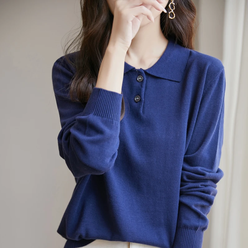 纯棉线不起球翻领长袖春秋薄款针织打底衫POLO领宽松时尚套头上衣