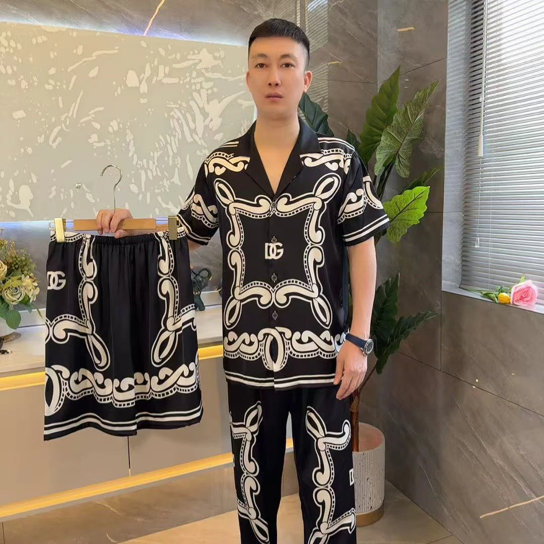 男士三件套D&e印花工艺短袖长裤加短裤冰丝睡衣家居服