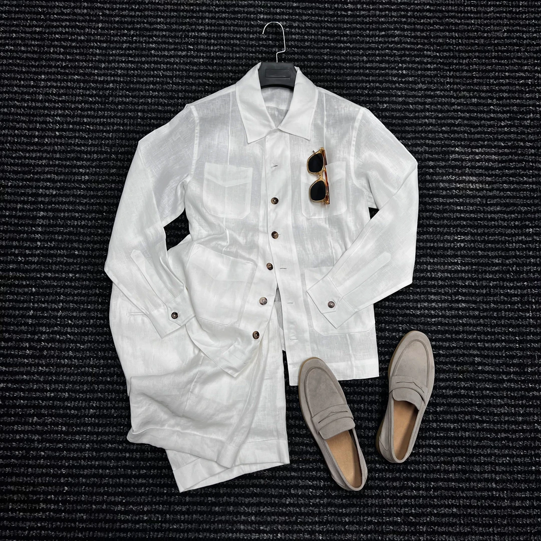 CssuGent夏季经典老钱风立体裁剪老钱风100%亚麻衬衫男高奢衬衣潮