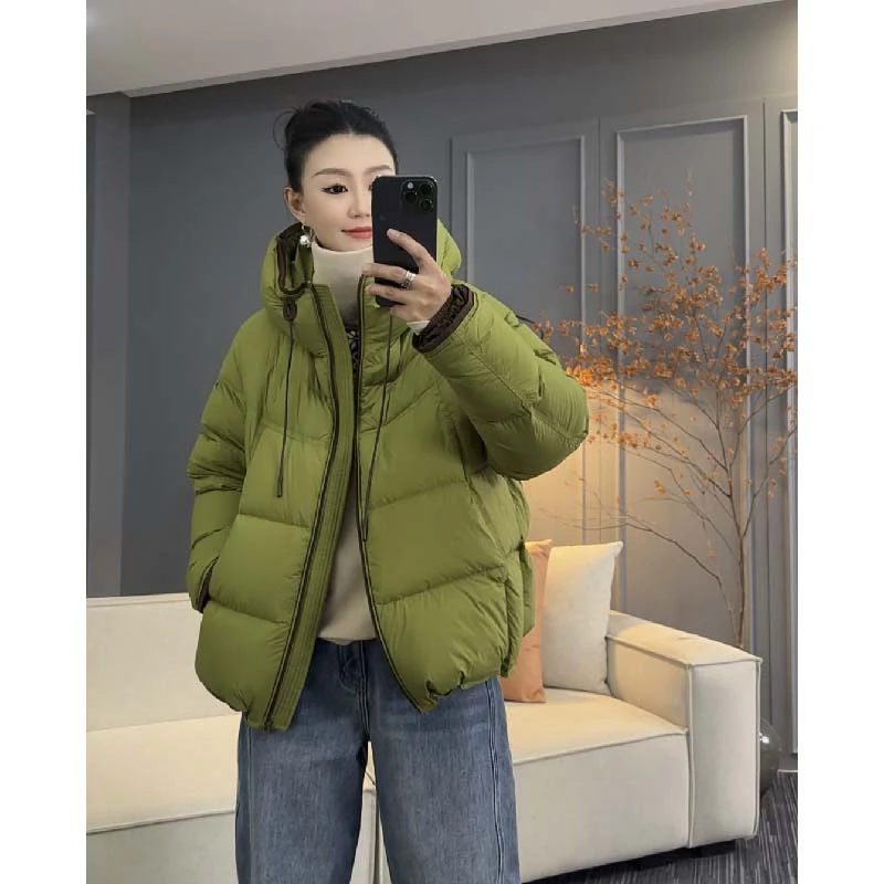 8113太谷休闲简约加厚面包韩版连帽抽绳保暖拼色大版羽绒服冬季