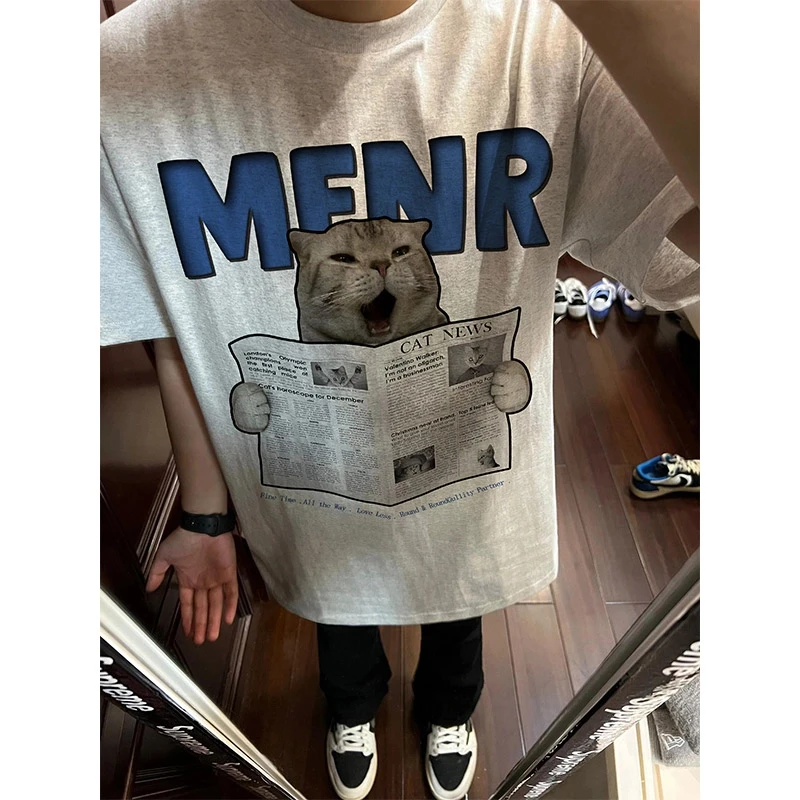 夏季新款趣味报纸小猫印花短袖男女潮牌百搭重磅纯棉宽松T恤上衣