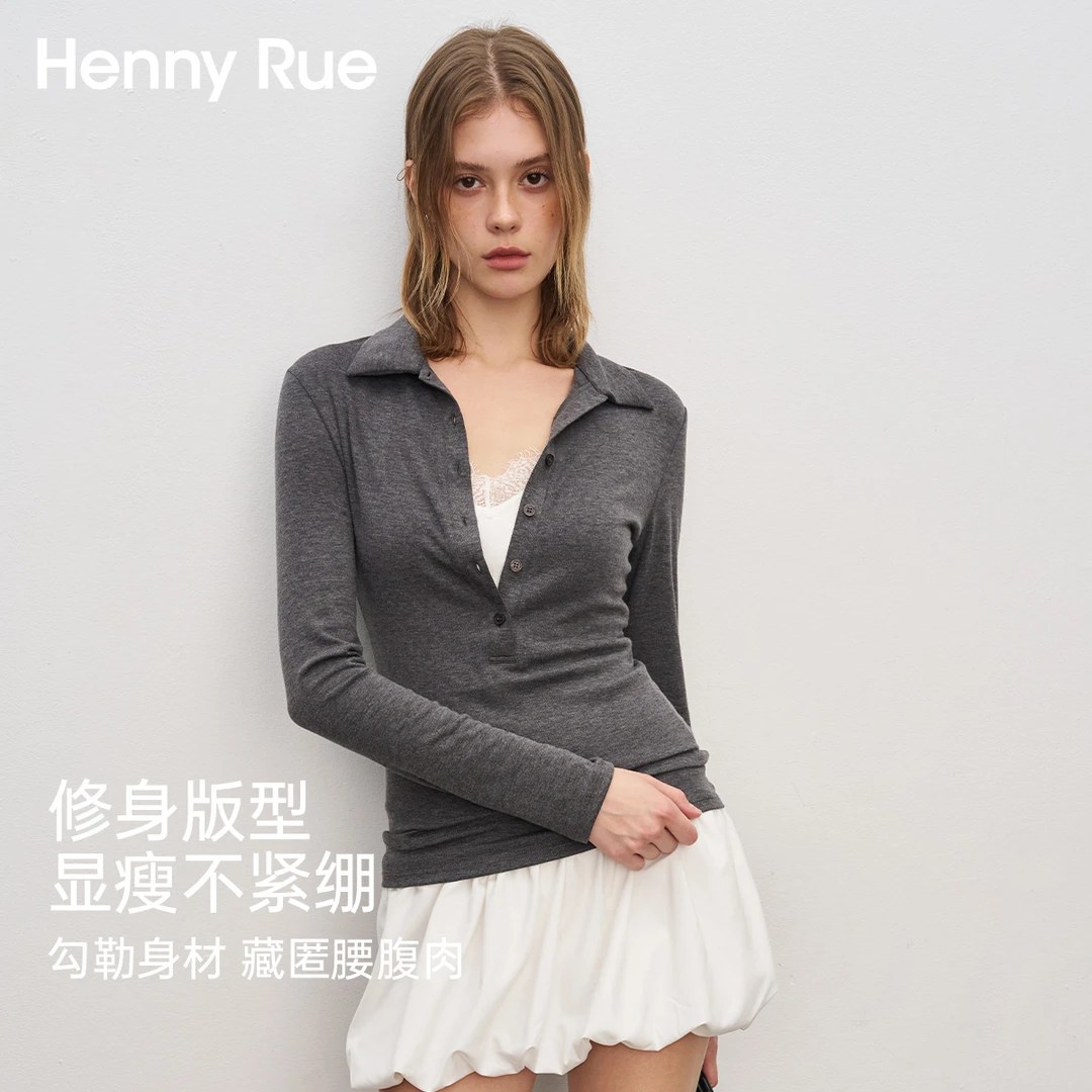 HennyRue羊毛POLO针织气质长袖修身翻领亨利衫25552