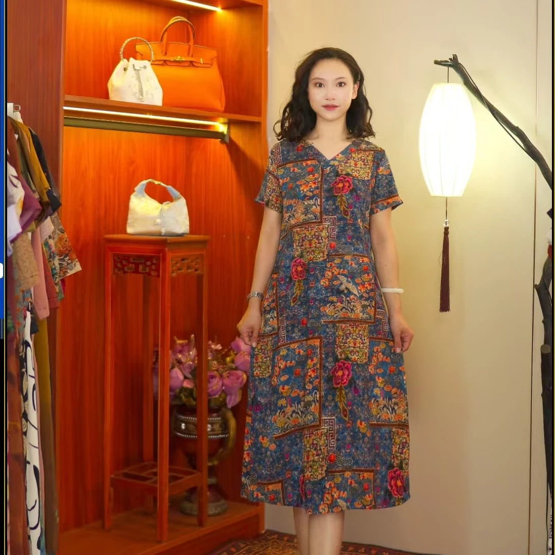 蓝鹤云碧花  气质中长款夏季时尚连衣裙百搭遮肉裙子10135