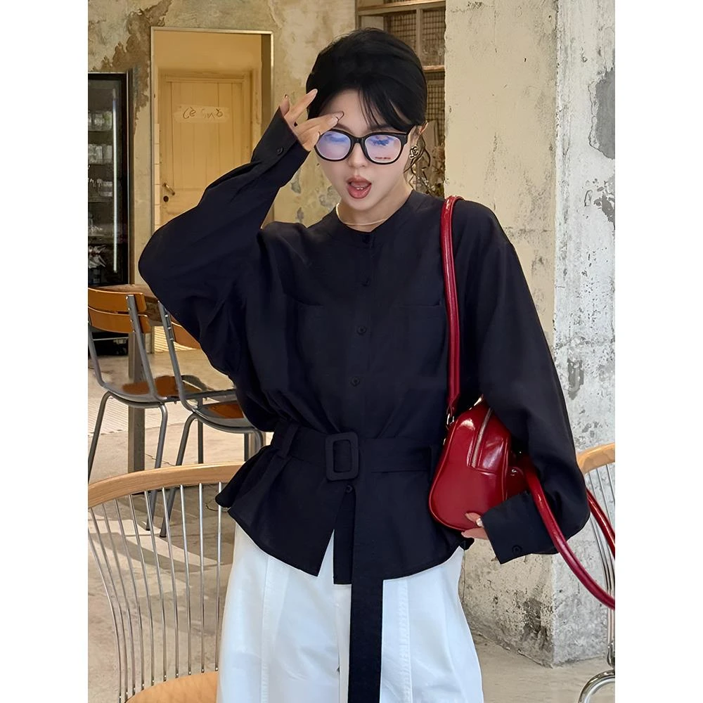 【浮世清欢】黑色高级感衬衫2025新款春季绑带收腰显瘦独特别致上衣